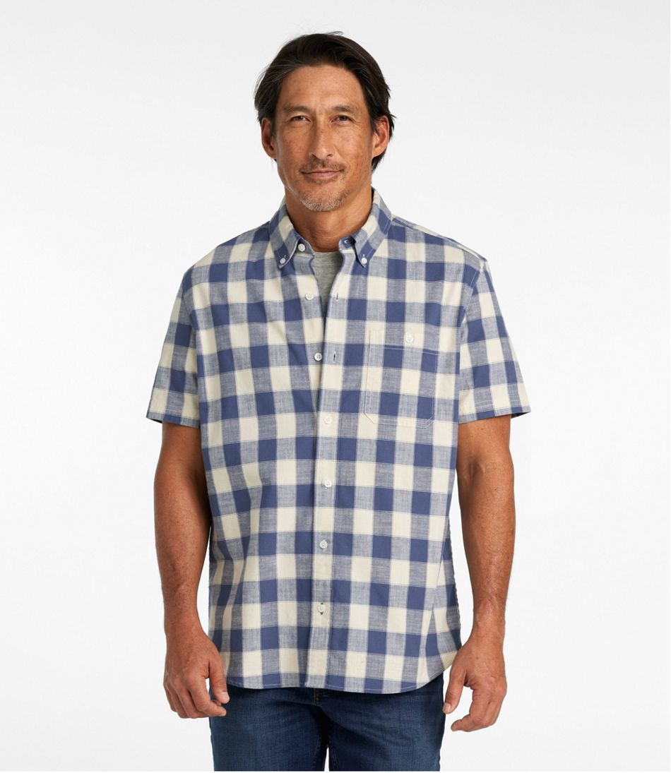 Men's Comfort Stretch® Chambray Shirt, Slightly Fitted Untucked Fit, Short-Sleeve, Plaid | L.L.Bean US