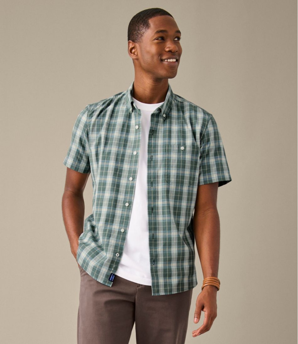 Men's Comfort Stretch® Chambray Shirt, Slightly Fitted Untucked Fit, Short-Sleeve, Plaid | L.L.Bean US